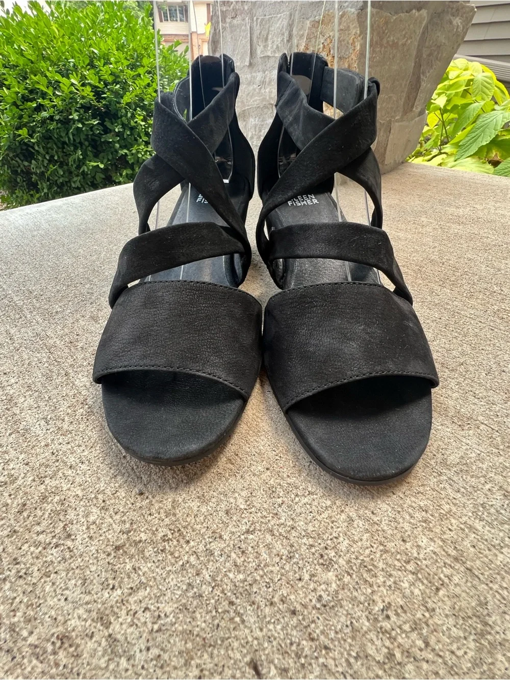 EILEEN FISHER Black Suede Strappy Wedge Sandals Size 7
